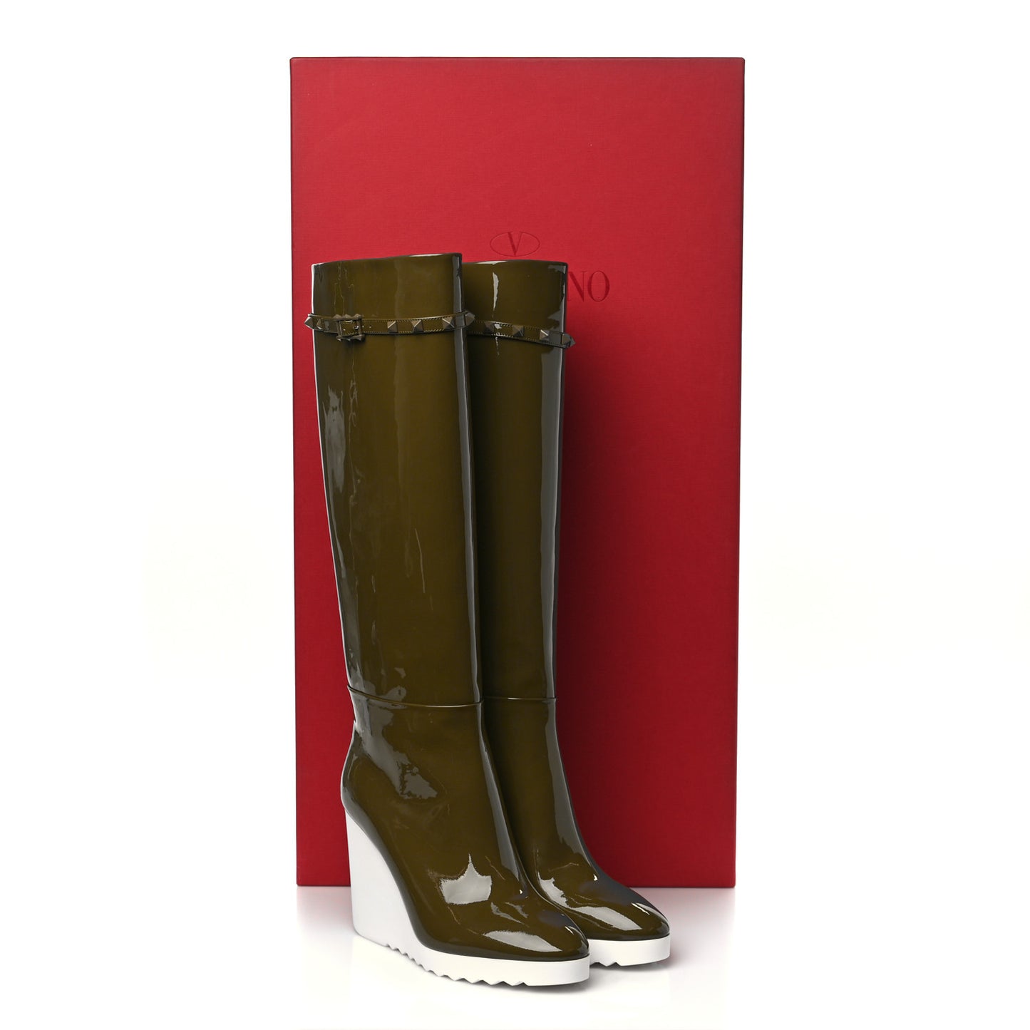 Patent Rockstud Knee High 15/100mm Wedge Boots 38 Lichen White