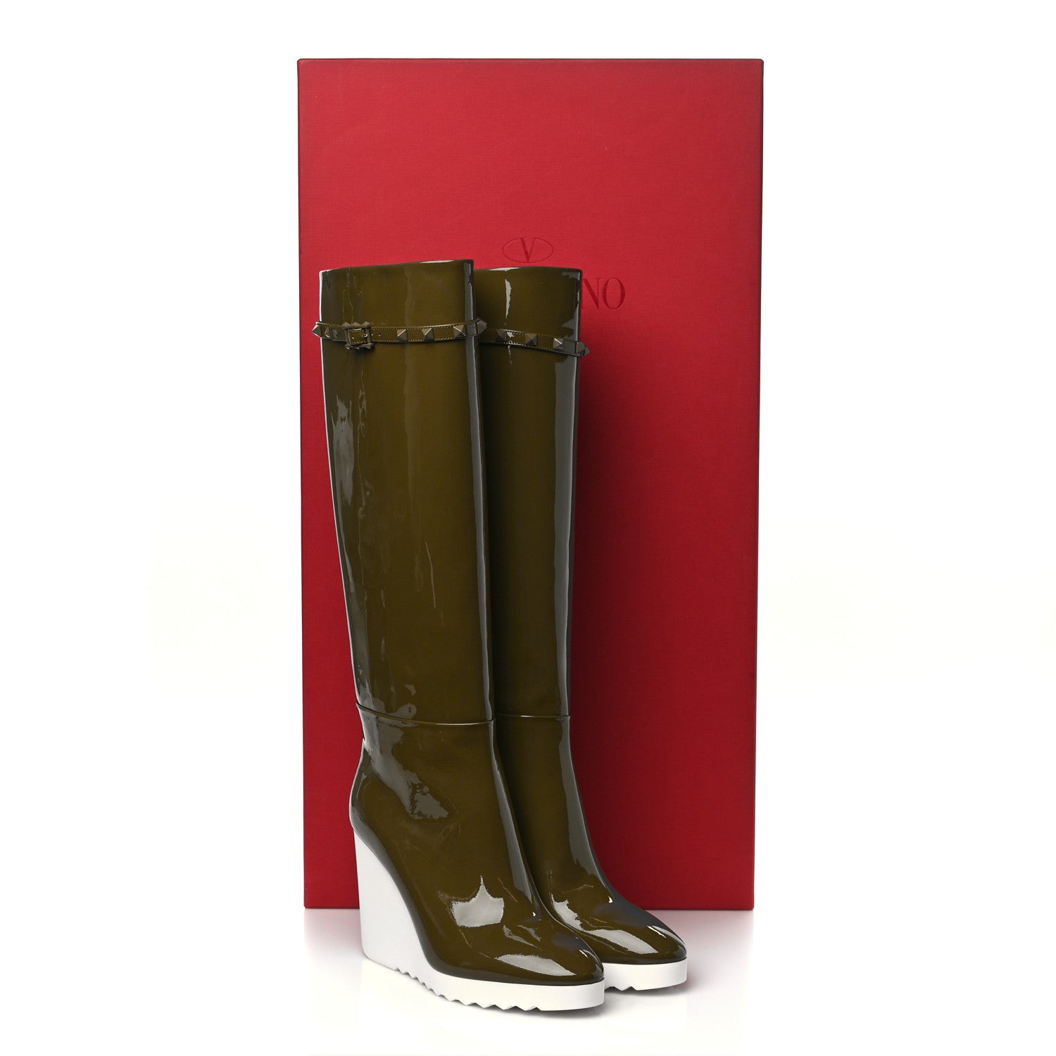 Valentino Garavani Patent Rockstud Knee High 15/100mm Wedge Boots 38 Lichen White 8 of 8