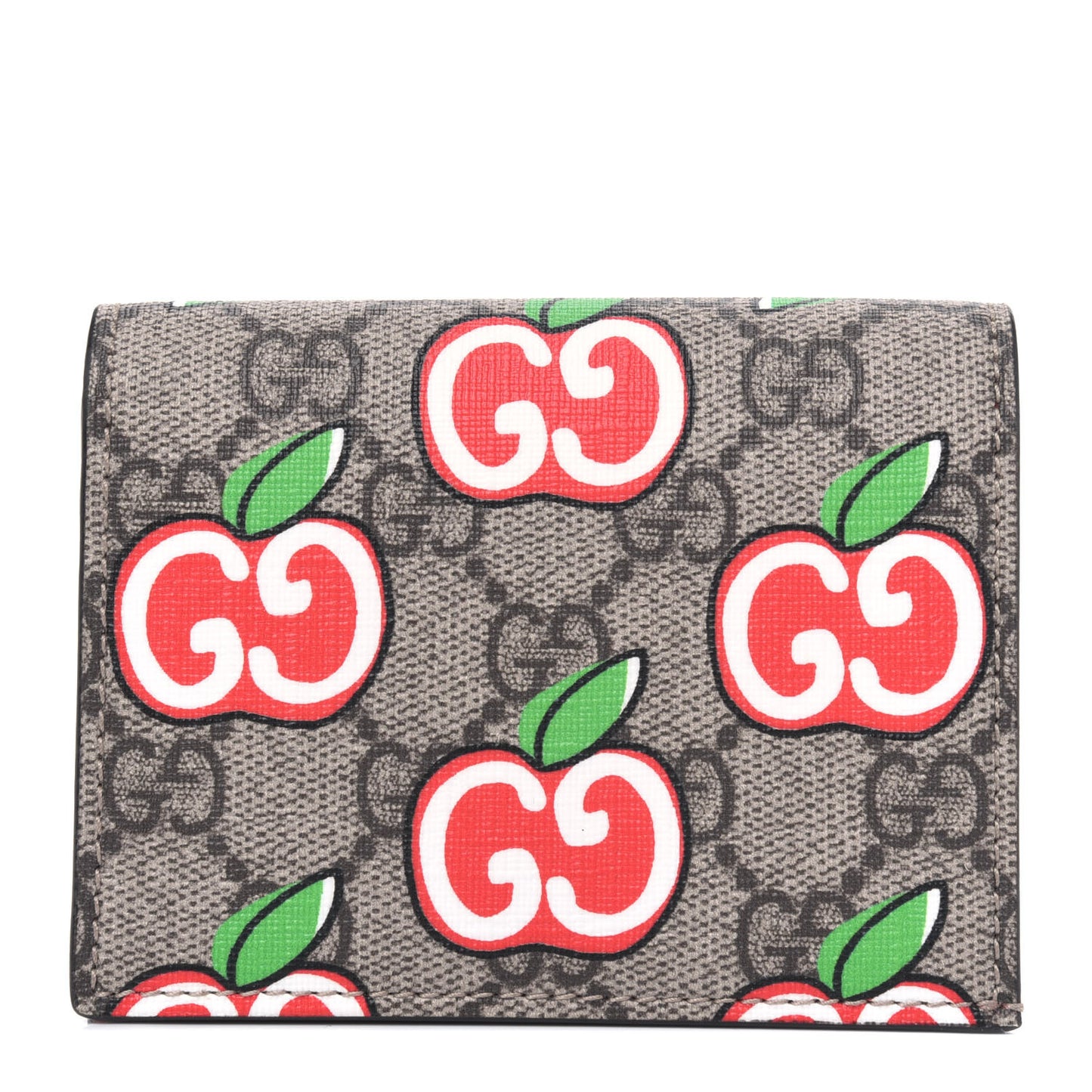 GG Supreme Monogram Apple Card Case Wallet Beige Multicolor Lobster Red