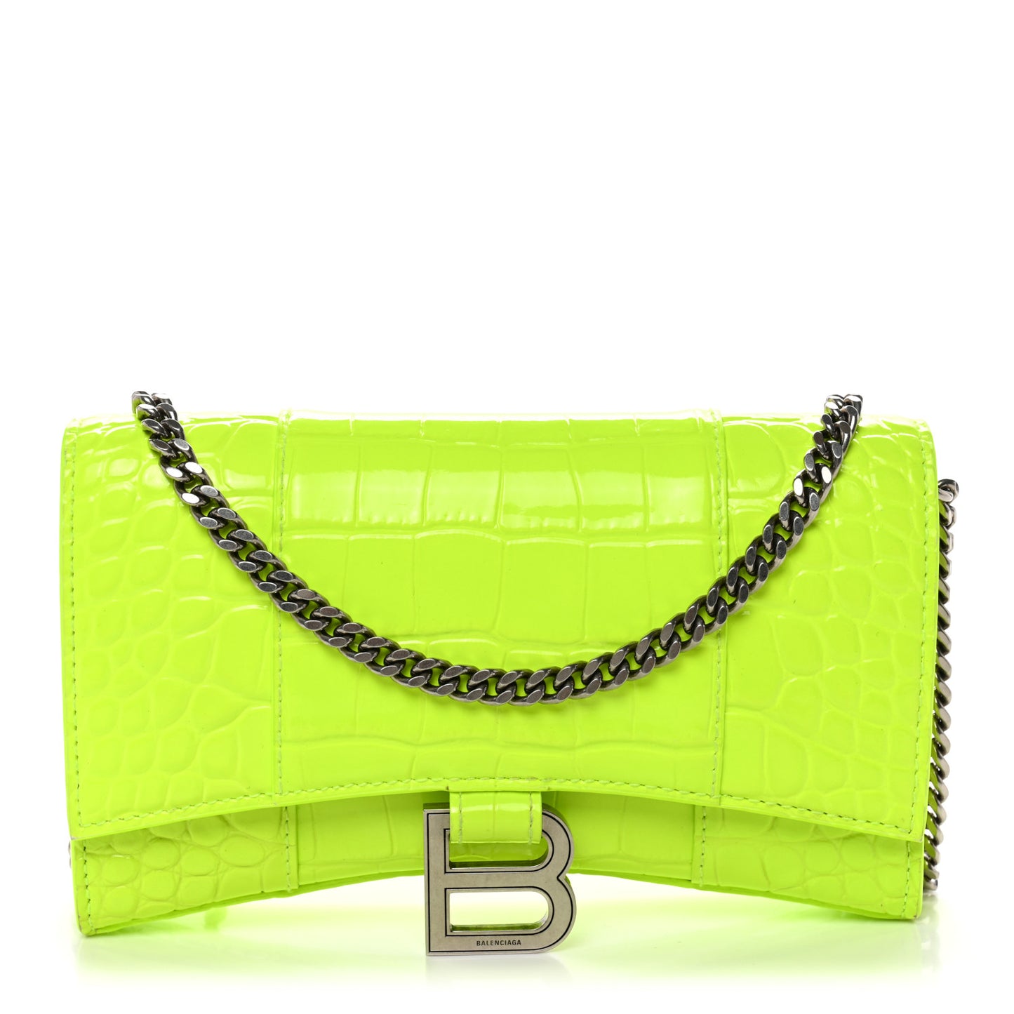 Shiny Calfskin Crocodile Embossed Hourglass Chain Bag Fluo Yellow