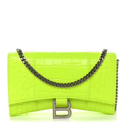 Balenciaga Shiny Calfskin Crocodile Embossed Hourglass Chain Bag Fluo Yellow 1 of 10