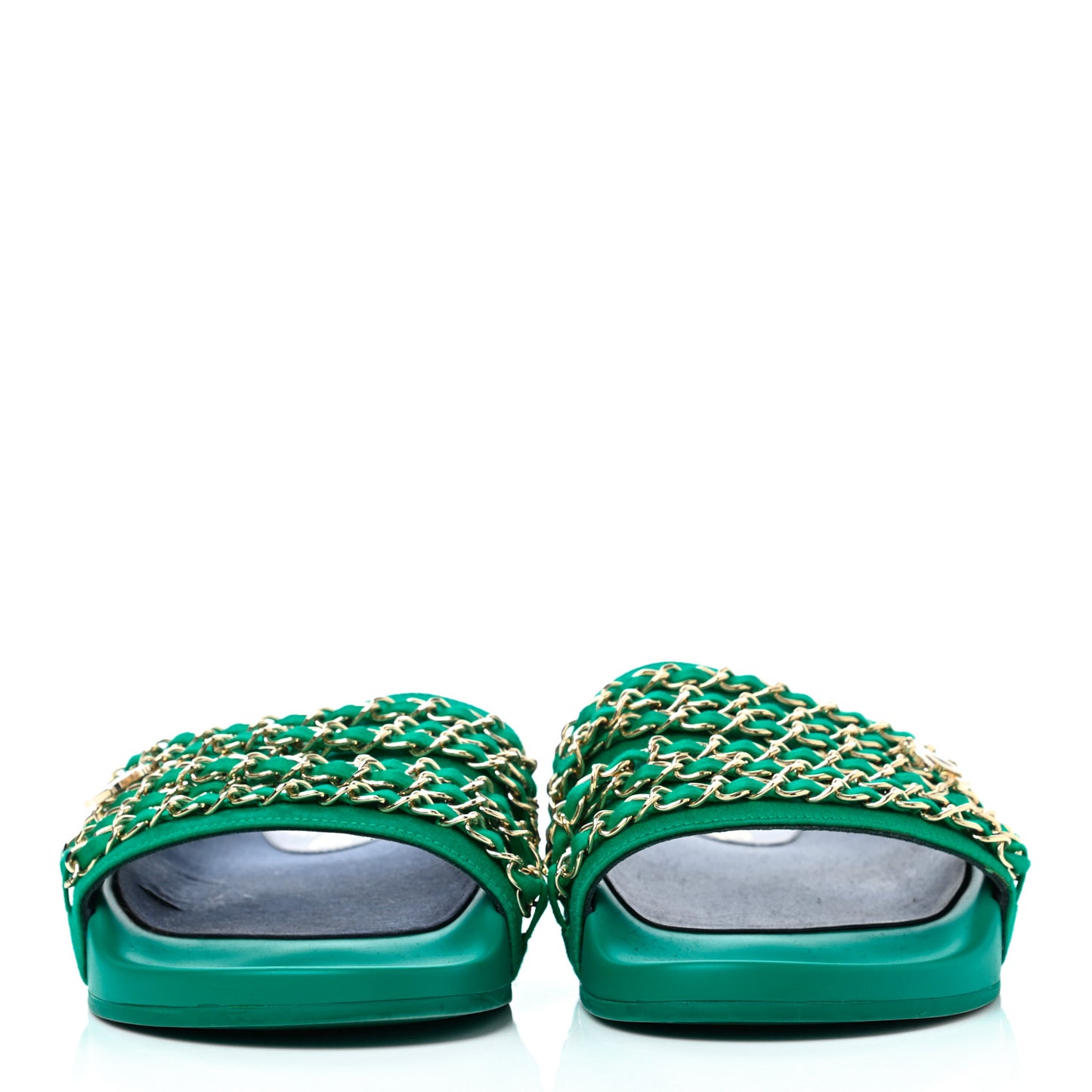 Satin Canvas Chain Slides Flat Sandals 40 Green