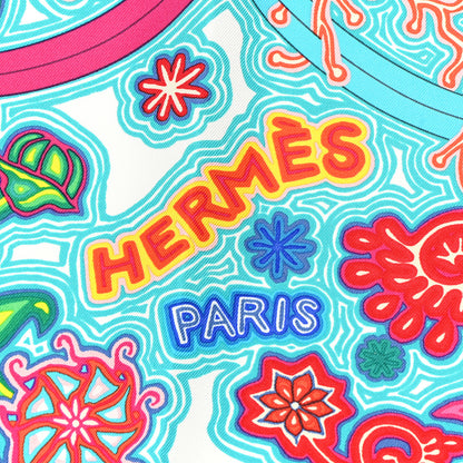 Hermes Silk Le Arbre Du Vent Scarf 90 Turquoise Vert Rose 2 of 4