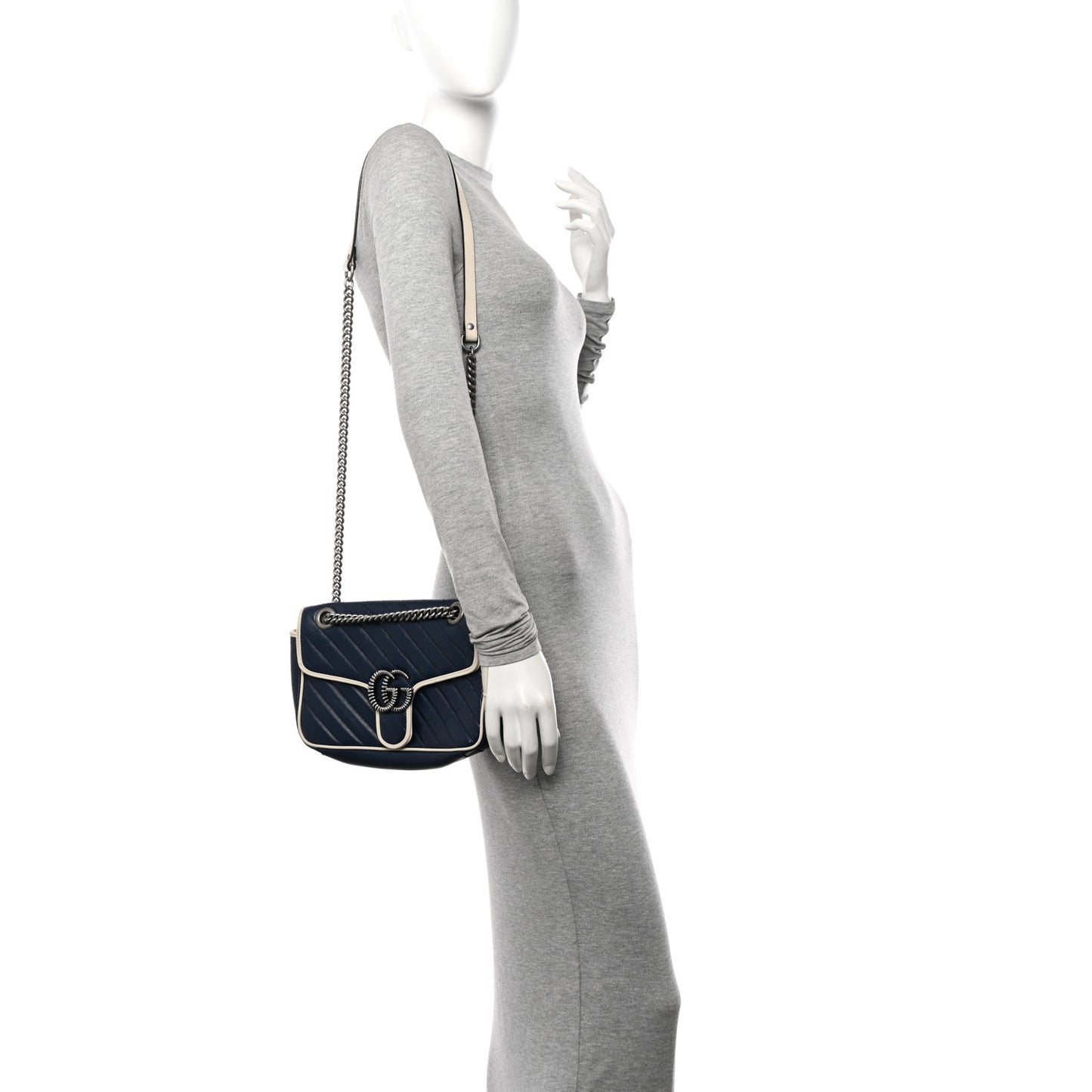 Vintage Effect Calfskin Matelasse Diagonal Small Torchon GG Marmont Shoulder Bag Blue Agata Mystic White