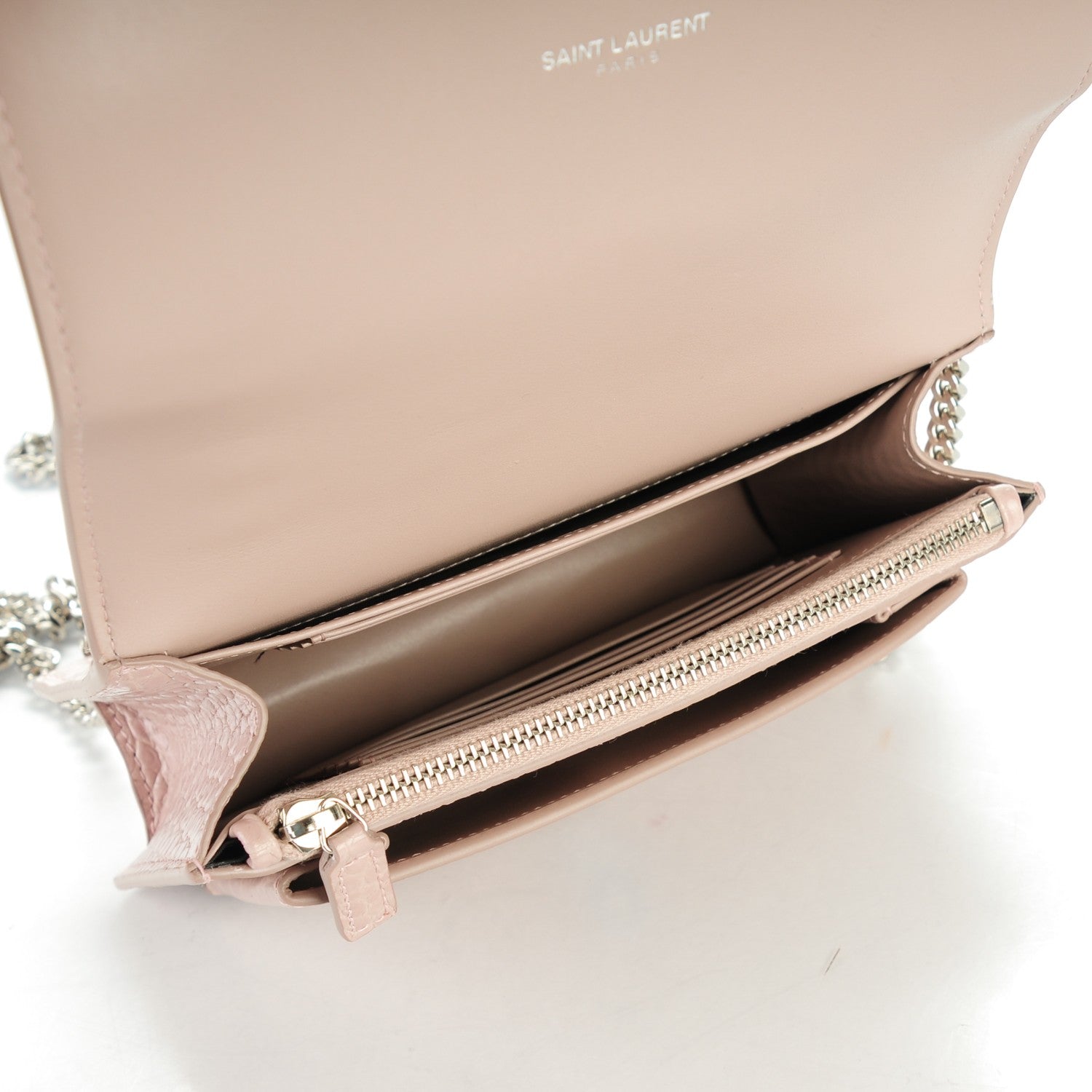 Saint Laurent Calfskin Crocodile Embossed Monogram Sunset Chain Wallet Soft Nude 5 of 7