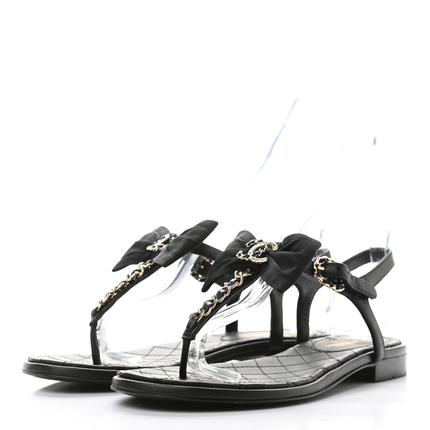 Lambskin Grosgrain Bow CC Chain Thong Sandals 36 Black Gold