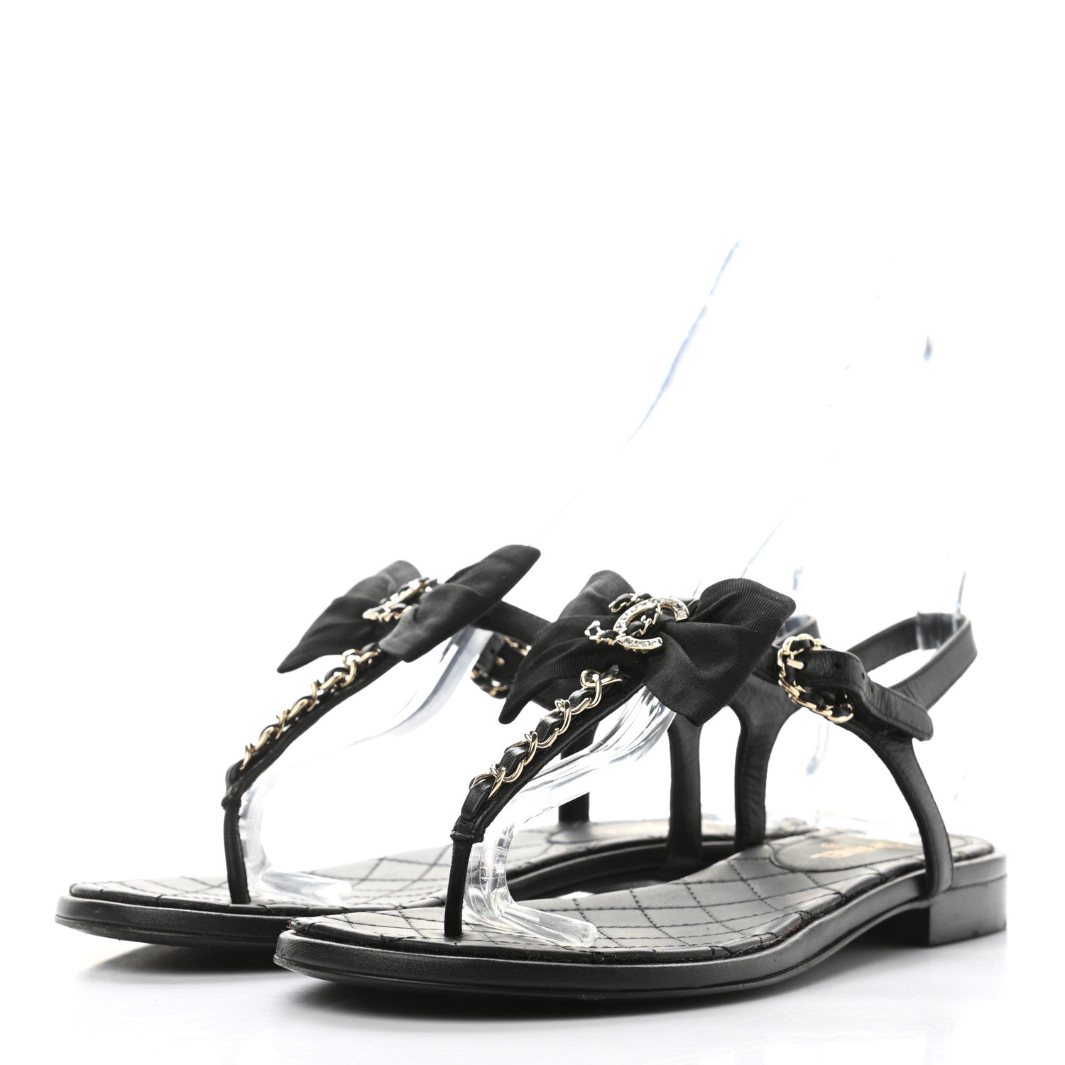 Chanel Lambskin Grosgrain Bow CC Chain Thong Sandals 36 Black Gold 3 of 8