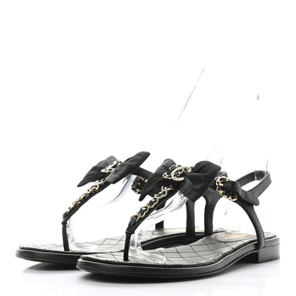 Chanel Lambskin Grosgrain Bow CC Chain Thong Sandals 36 Black Gold 3 of 8