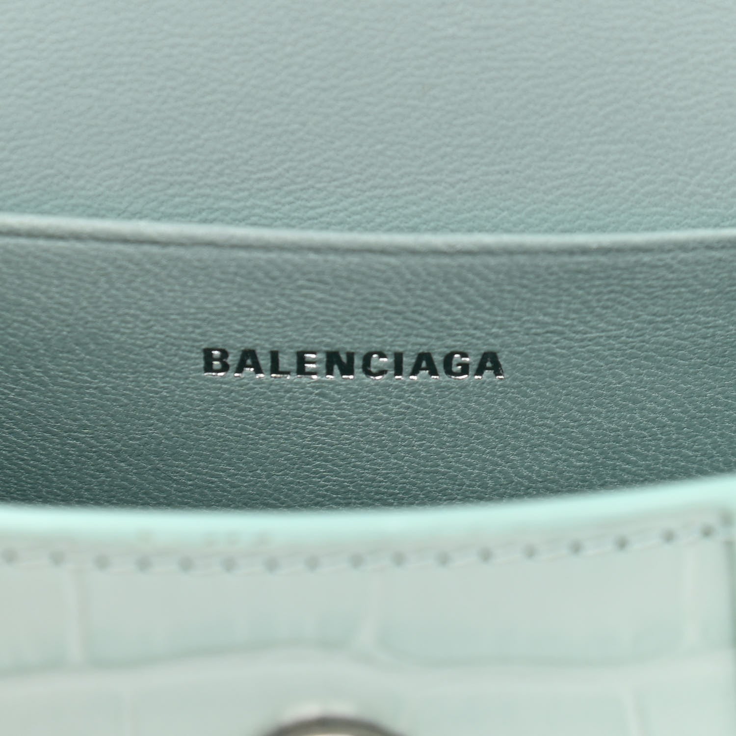 Balenciaga Shiny Calfskin Crocodile Embossed Hourglass Top Handle Bag Mini with Chain Green Acqua 6 of 10