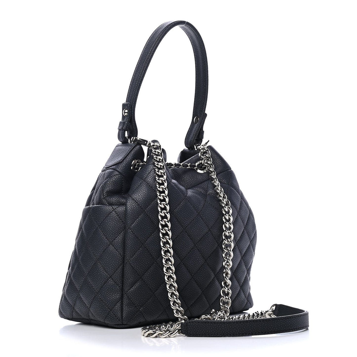 Caviar Flat Quilted CC Chain Bucket Drawstring Bag Black
