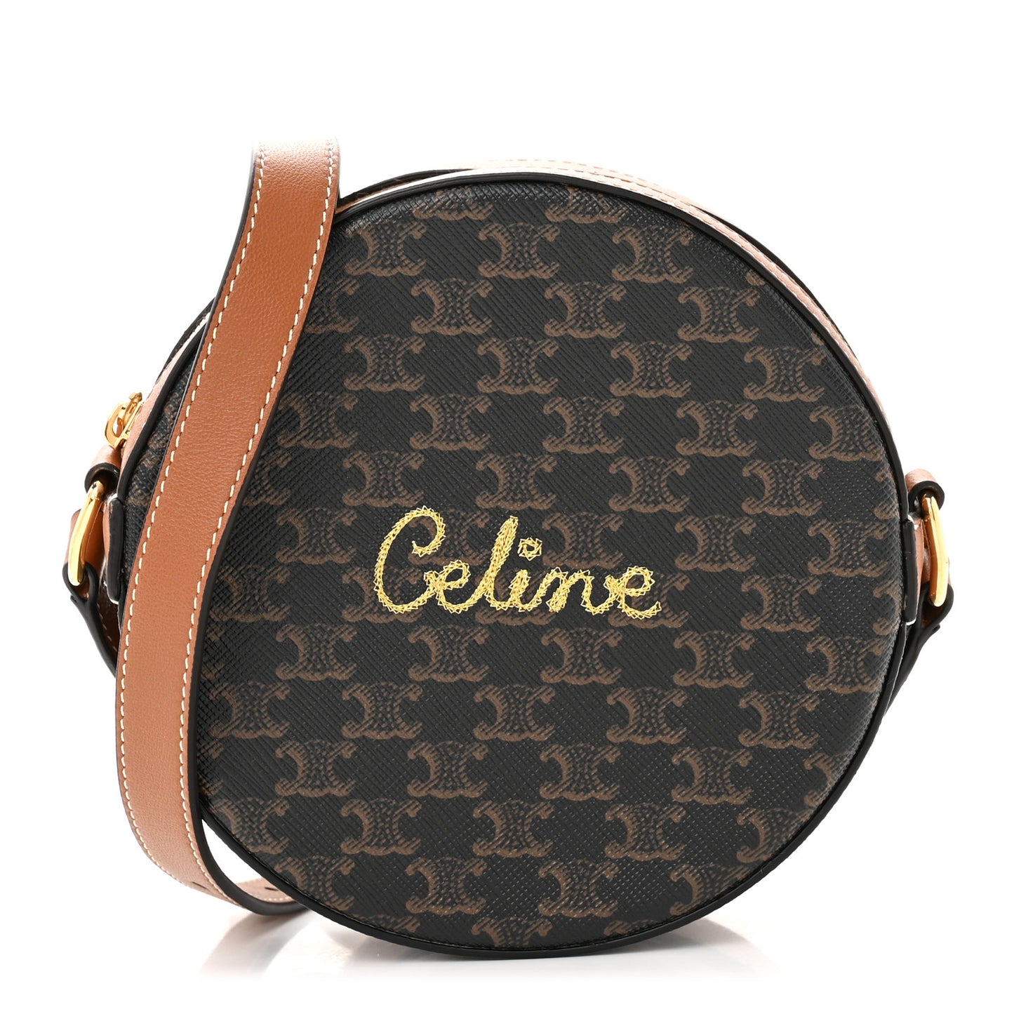 Triomphe Canvas Embroidered Logo Round Purse On Strap Black Tan