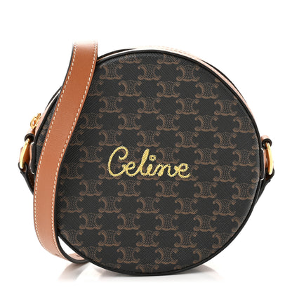 Celine Triomphe Canvas Embroidered Logo Round Purse On Strap Black Tan 1 of 10