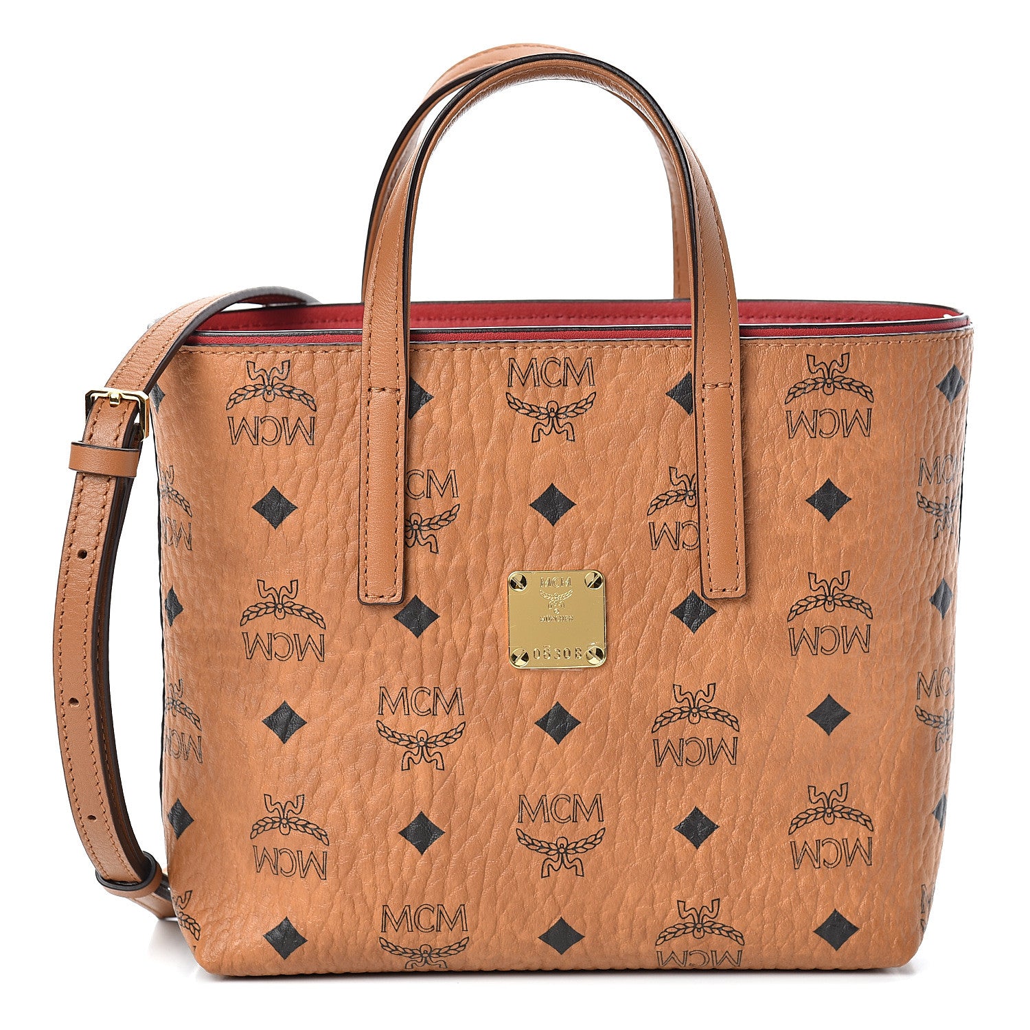 MCM Visetos Embroidered Patch Mini Anya Travel Top Zip Shopper Tote Cognac 1 of 9