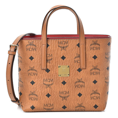 MCM Visetos Embroidered Patch Mini Anya Travel Top Zip Shopper Tote Cognac 1 of 9