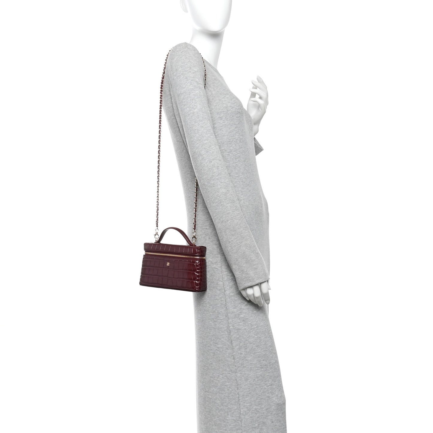 Calfskin Crocodile Embossed Crococo Top Handle Slim Vanity Case With Chain Dark Burgundy