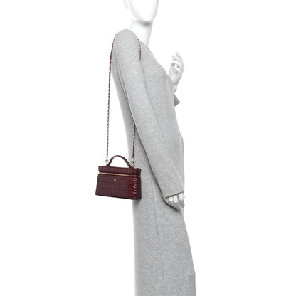 Chanel Calfskin Crocodile Embossed Crococo Top Handle Slim Vanity Case With Chain Dark Burgundy 2 of 11