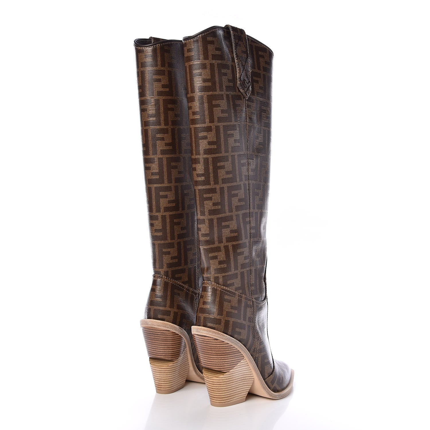 Fendi Glazed Fabric FF 1974 Cutwalk Tall Boots 37.5 Mogano Panna 4 of 8