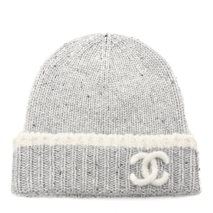 Chanel Cashmere Silk CC Beanie Hat Grey Ecru 1 of 7