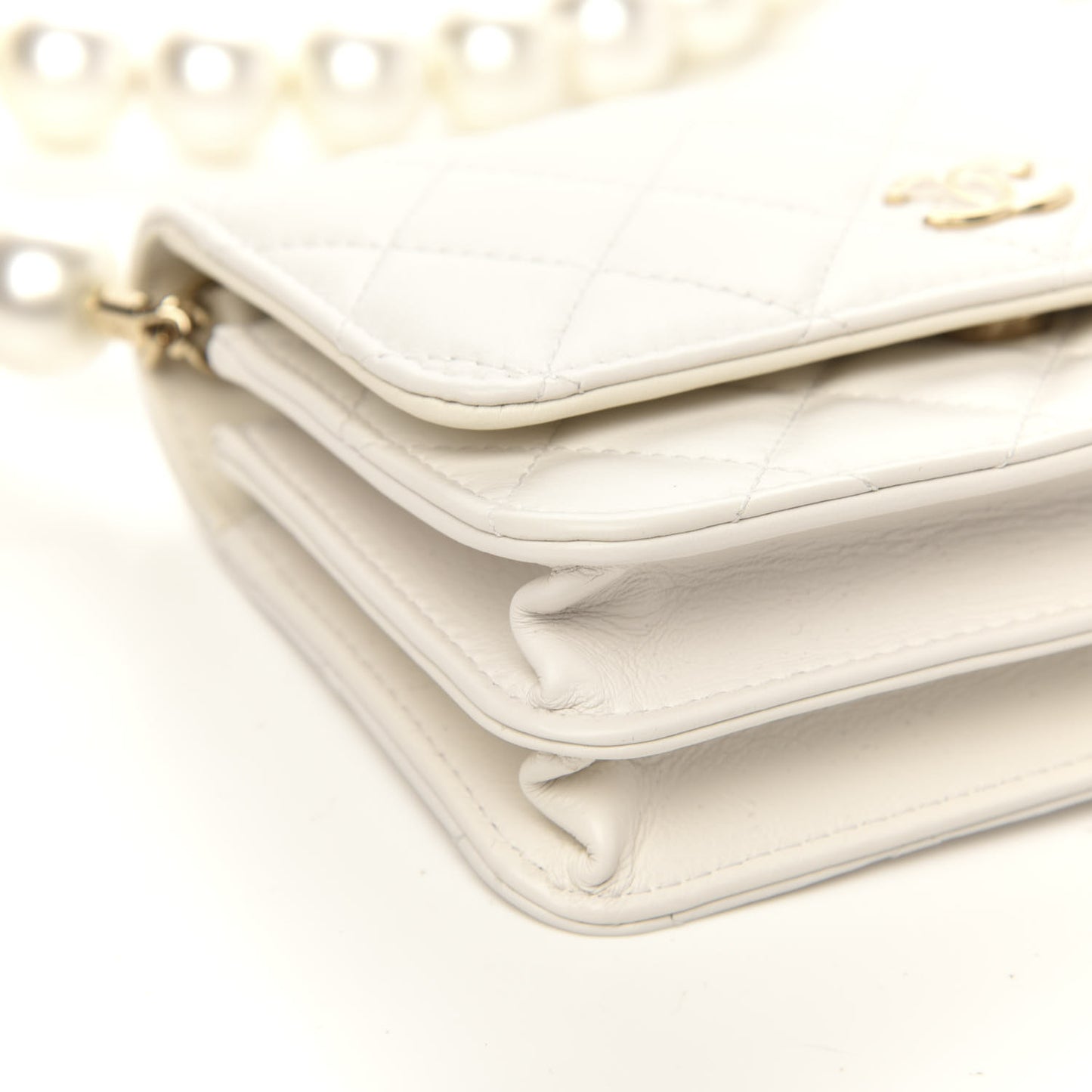 Calfskin Quilted CC Pearl Mini Wallet On Chain Flap White