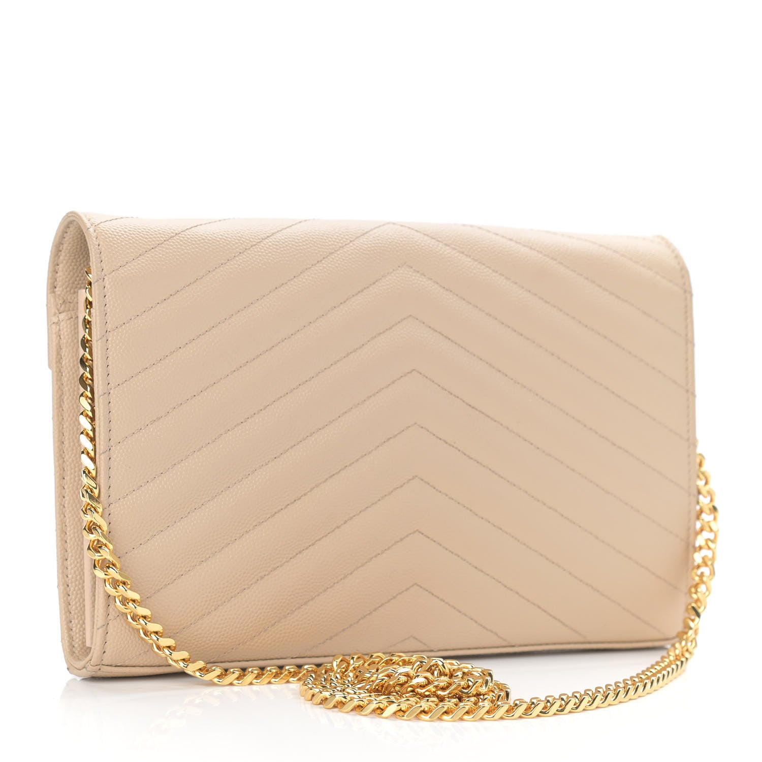 Saint Laurent Grain De Poudre Matelasse Chevron Monogram Chain Wallet Dark Beige 3 of 13
