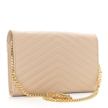 Saint Laurent Grain De Poudre Matelasse Chevron Monogram Chain Wallet Dark Beige 3 of 13