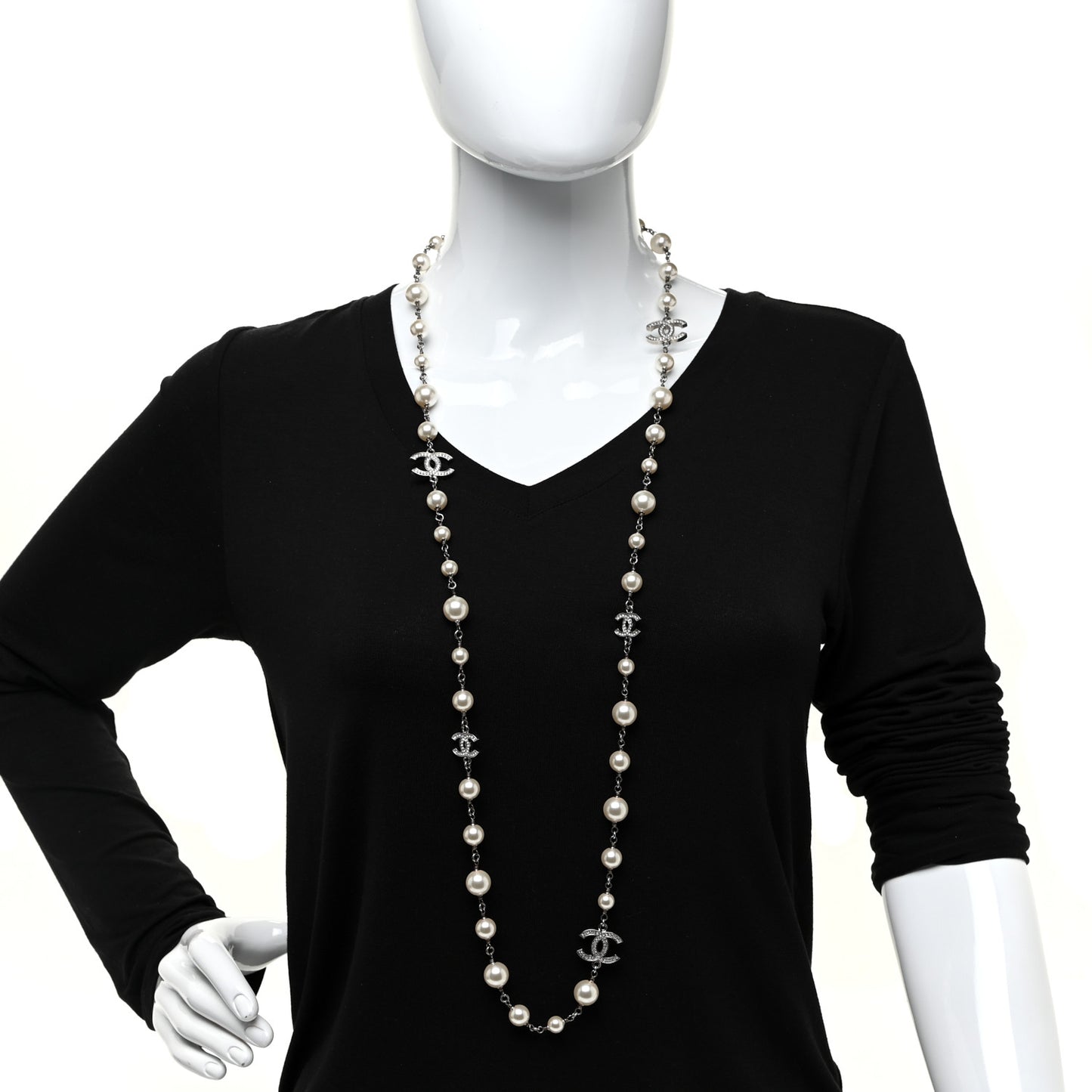 Crystal Pearl CC Long Necklace Silver