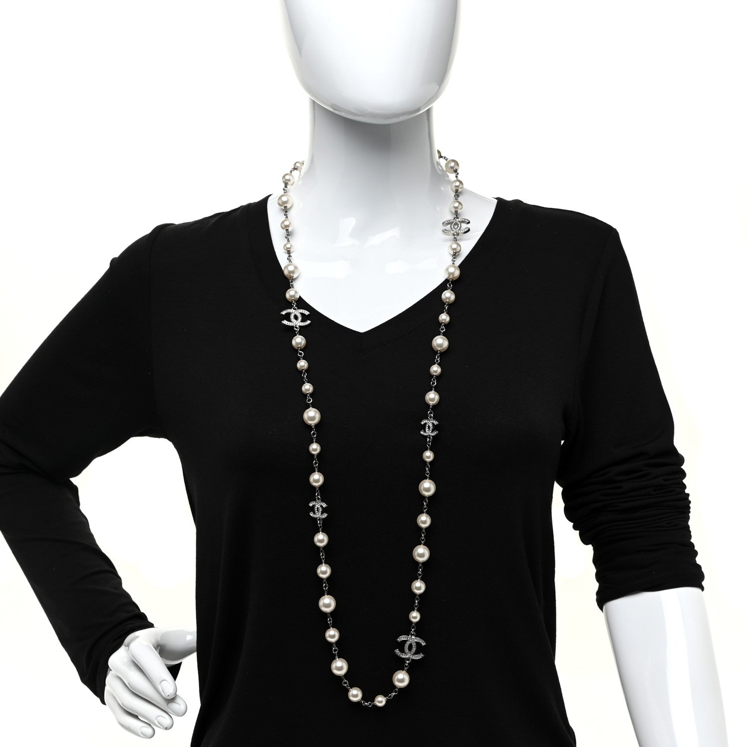 Chanel Crystal Pearl CC Long Necklace Silver 2 of 4
