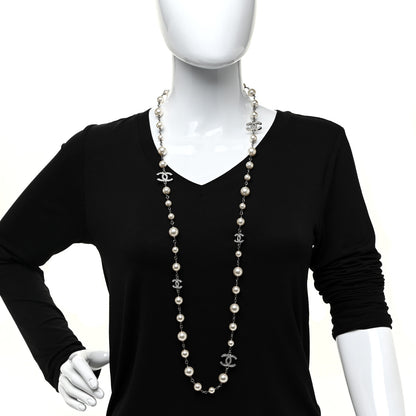 Chanel Crystal Pearl CC Long Necklace Silver 2 of 4