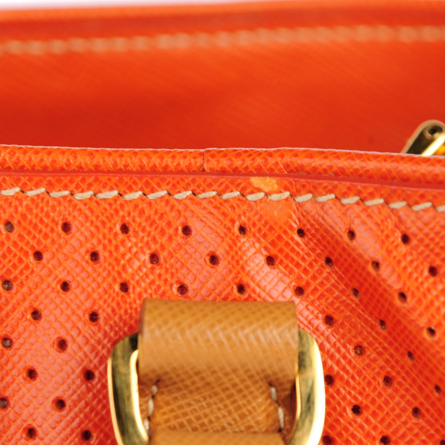 Saffiano Perforated Medium Striped Tote Papaya Caramel