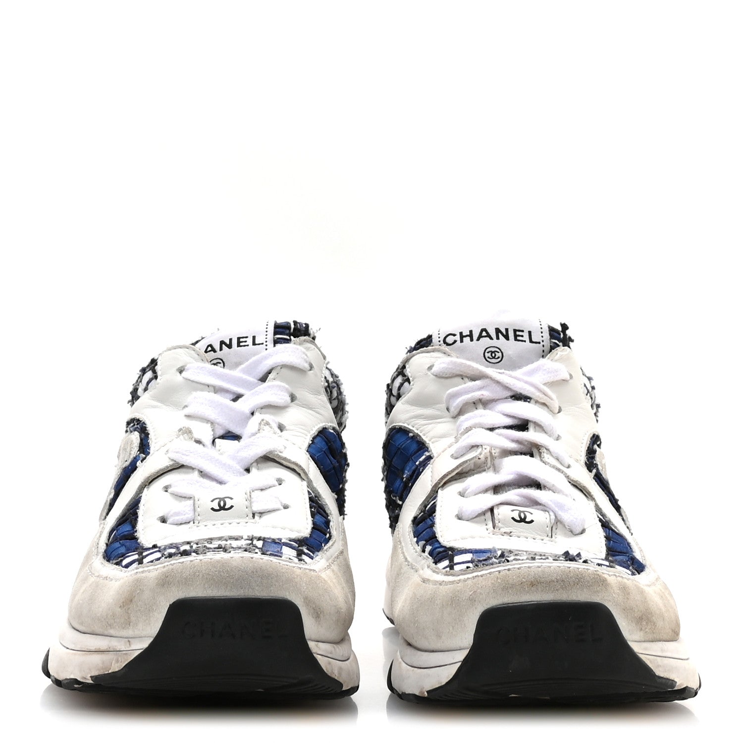 Chanel Tweed Suede Calfskin Womens CC Sneakers 39.5 Dark Blue Black Grey White 3 of 7