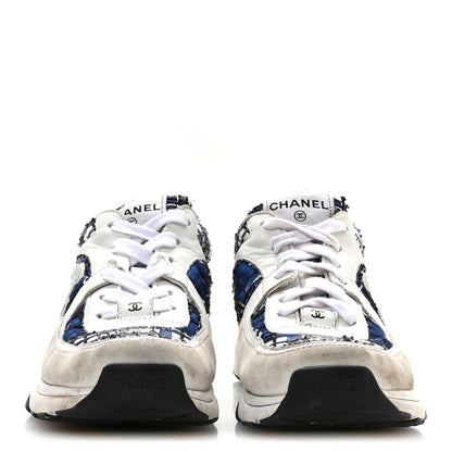 Chanel Tweed Suede Calfskin Womens CC Sneakers 39.5 Dark Blue Black Grey White 3 of 7