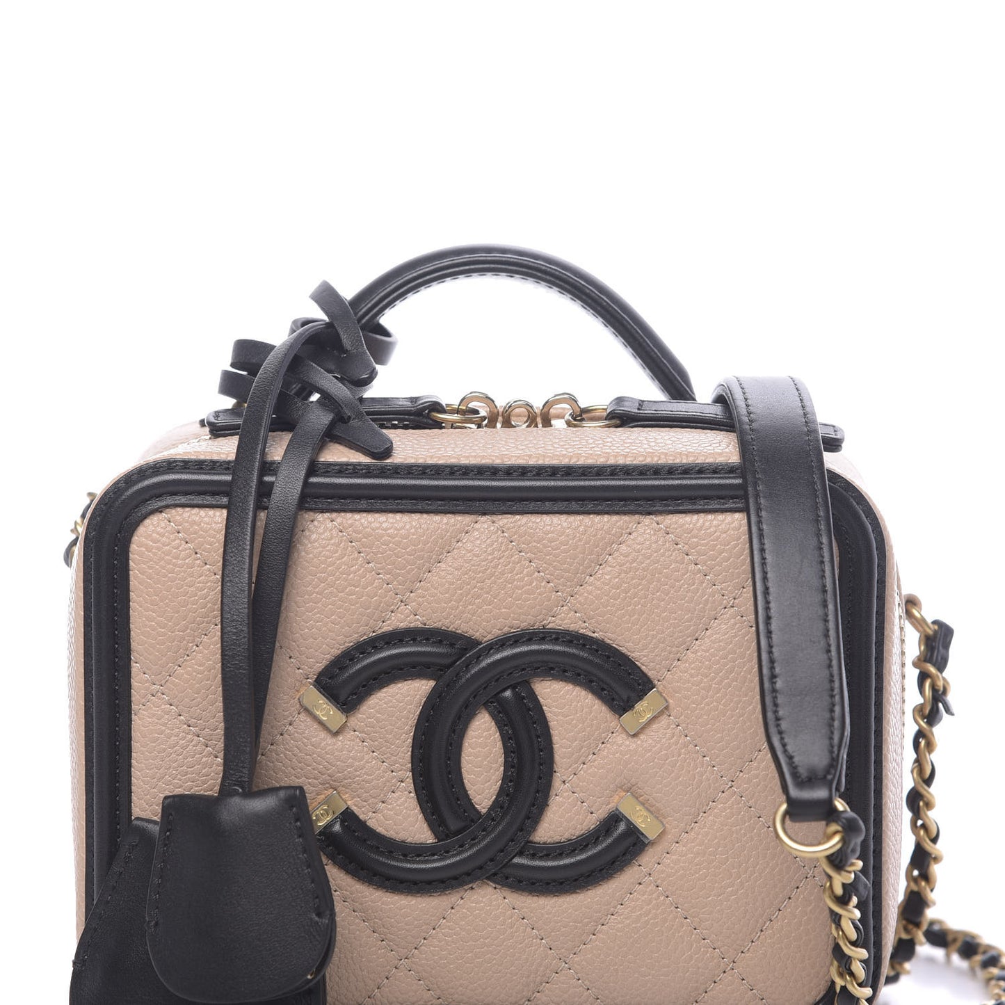 Caviar Quilted Small CC Filigree Vanity Case Beige Black