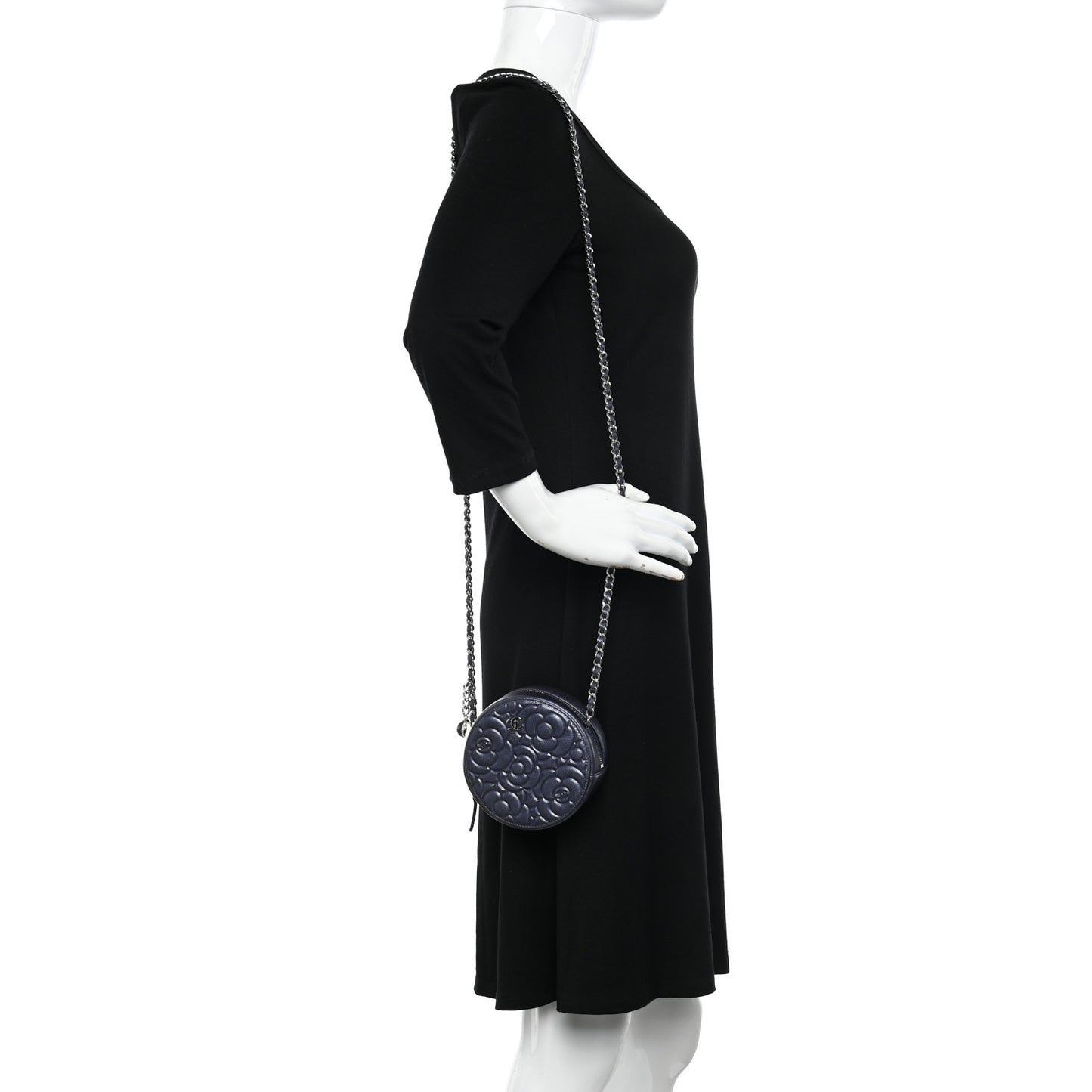 Goatskin Camellia Quilted Round Clutch With Chain