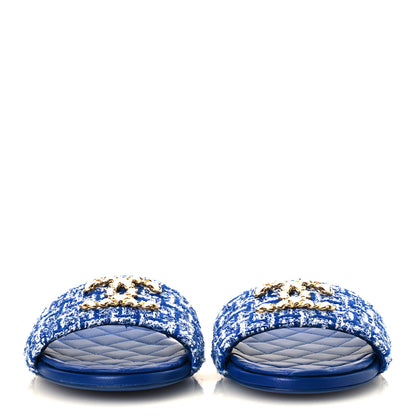 Chanel Cotton Tweed Chain CC Mule Sandals 38.5 Blue White 3 of 12