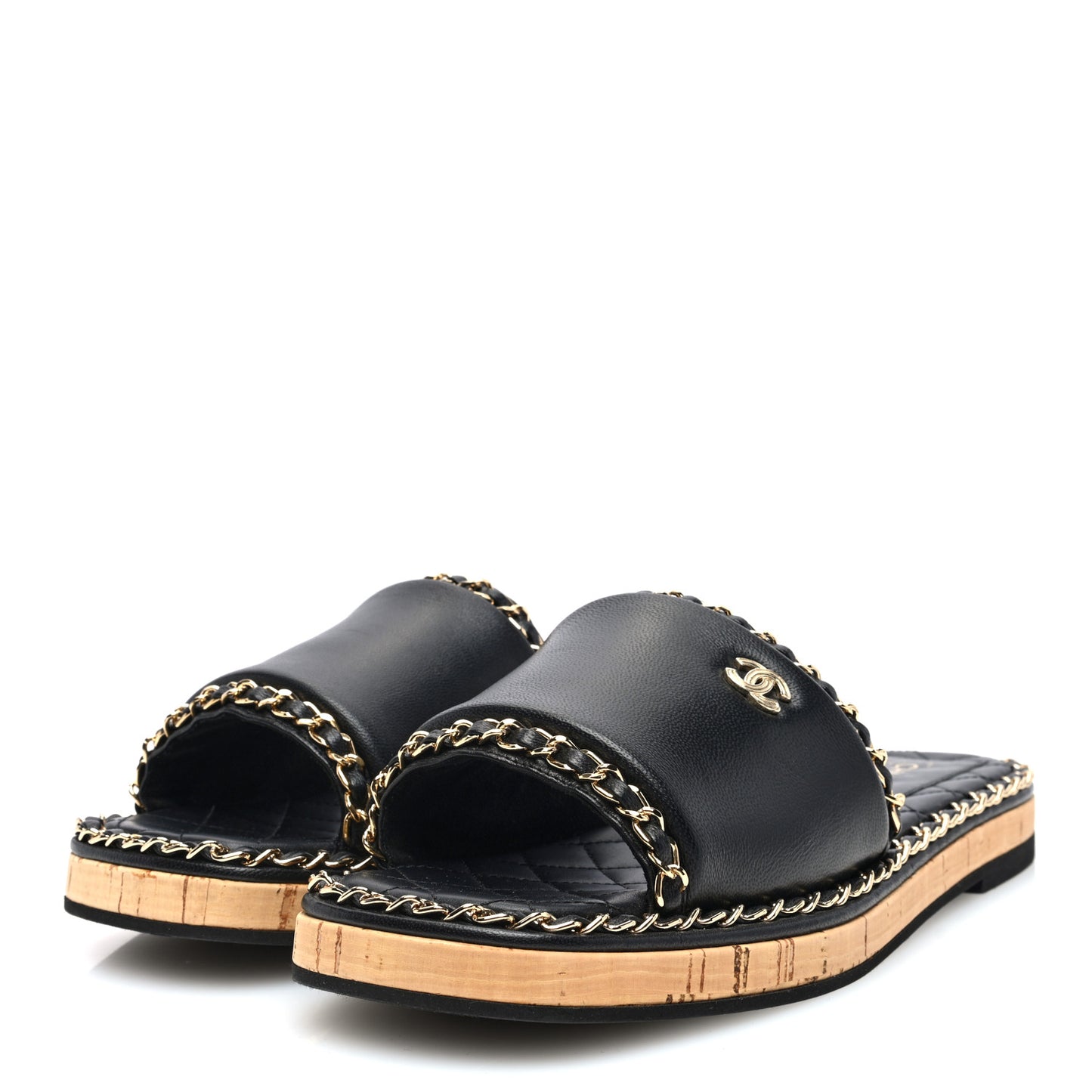 Lambskin Chain Cork Slide Sandals 39 Black