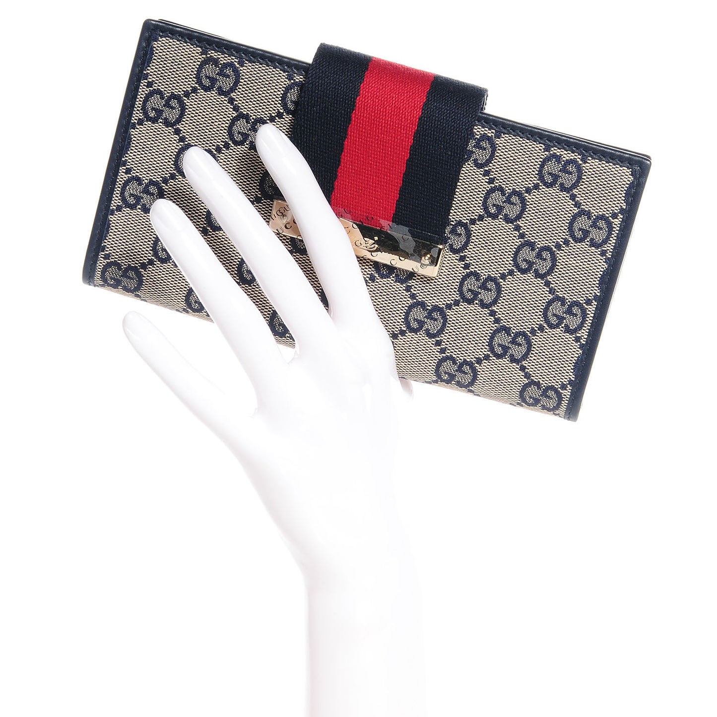 Monogram Calfskin Ladies Web Long Wallet Beige Blue