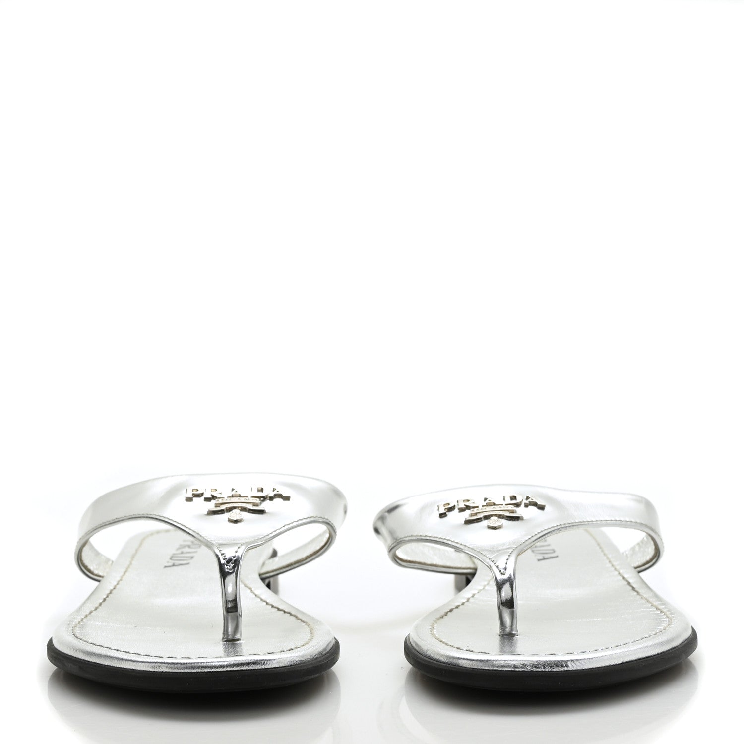 Prada Metallic Calfskin Logo Thong Sandals 37 Silver 2 of 9