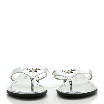Prada Metallic Calfskin Logo Thong Sandals 37 Silver 2 of 9