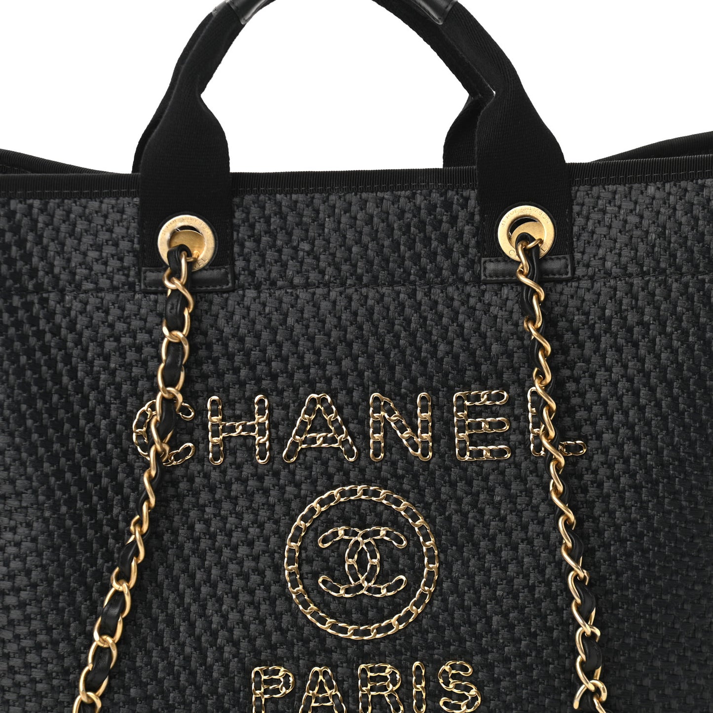 Straw Raffia Calfskin Chain Medium Deauville Tote Black