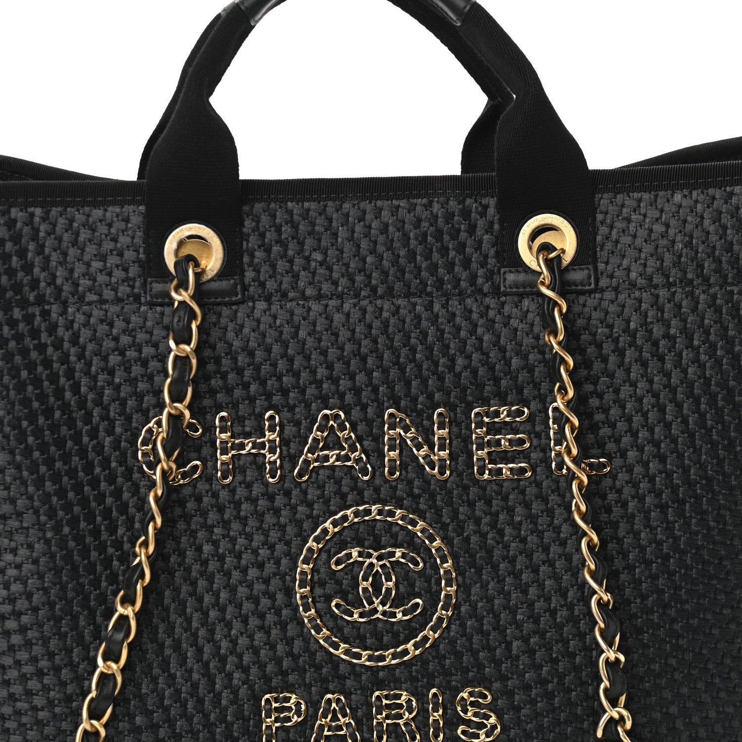 Chanel Straw Raffia Calfskin Chain Medium Deauville Tote Black 8 of 11