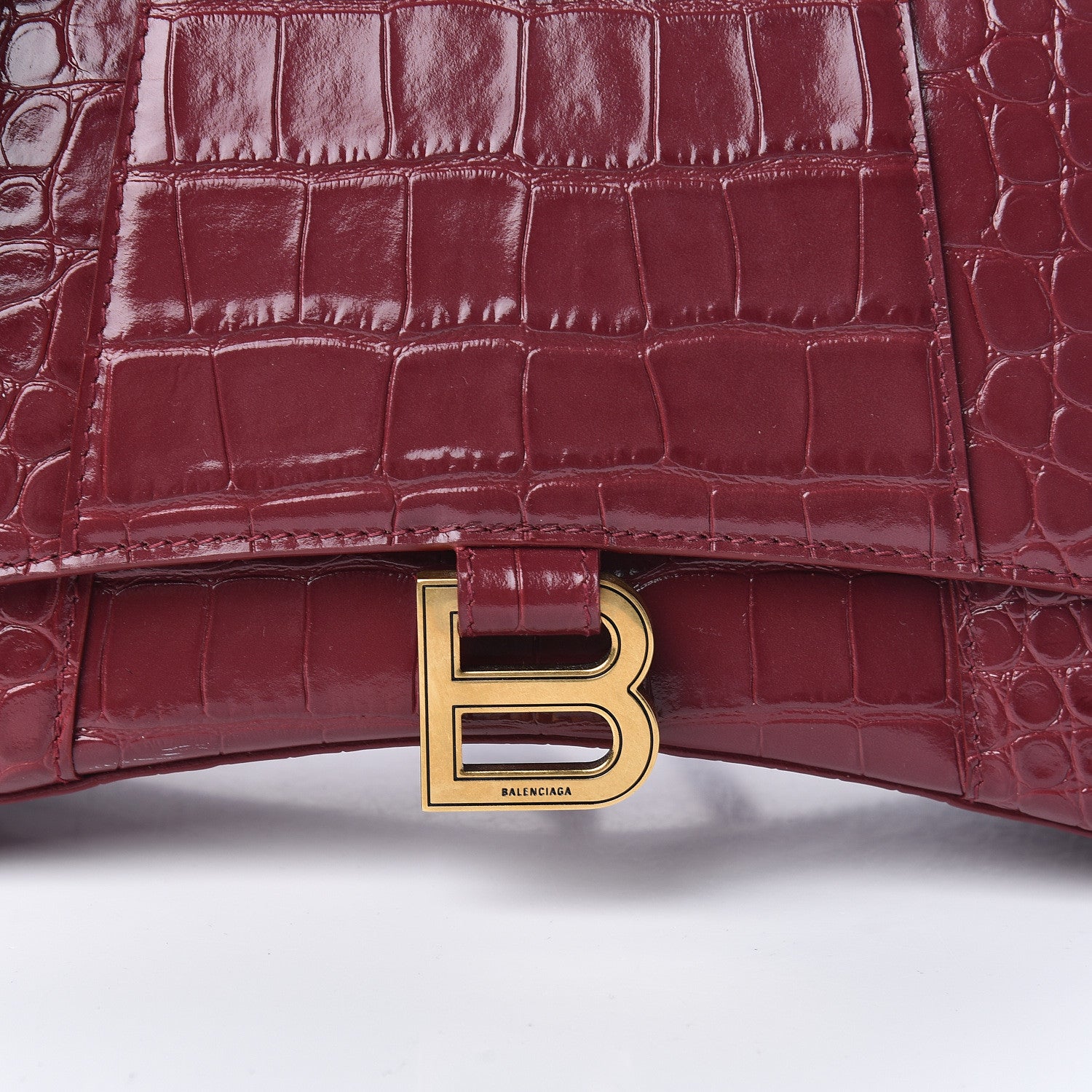 Balenciaga Shiny Calfskin Crocodile Embossed Small Hourglass Top Handle Bag Dark Red 11 of 11