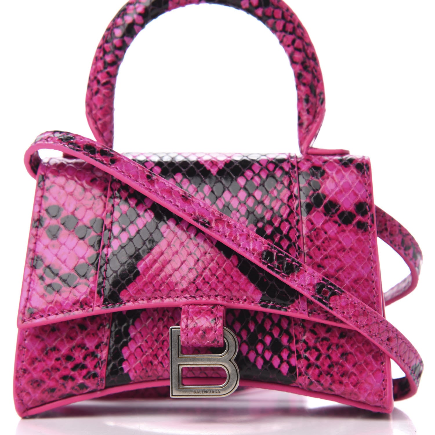 Balenciaga Shiny Calfskin Python Effect Hourglass Top Handle Bag Mini Fuchsia Black 9 of 9
