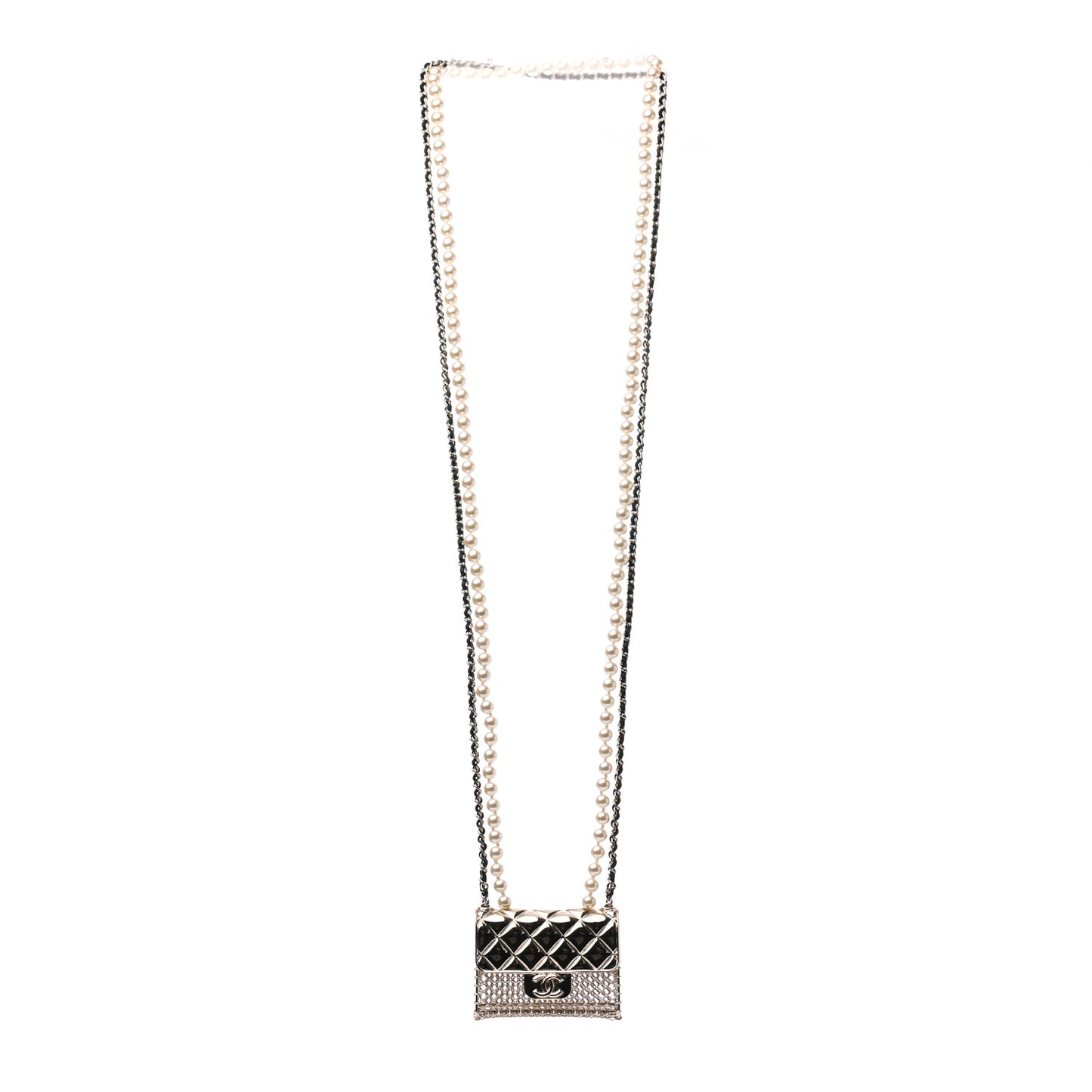 Metal Lambskin Pearl Chain Flap Bag Long Necklace Gold Black Pearly White
