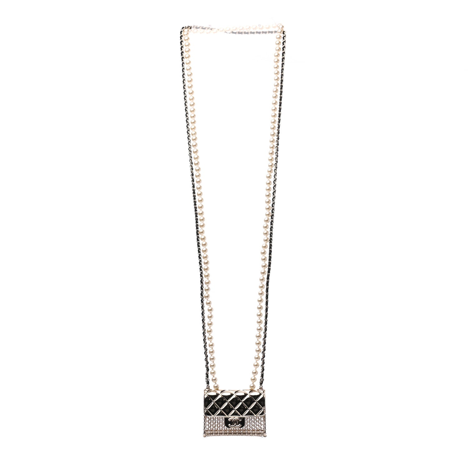 Chanel Metal Lambskin Pearl Chain Flap Bag Long Necklace Gold Black Pearly White 2 of 3