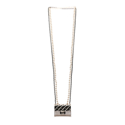Chanel Metal Lambskin Pearl Chain Flap Bag Long Necklace Gold Black Pearly White 2 of 3