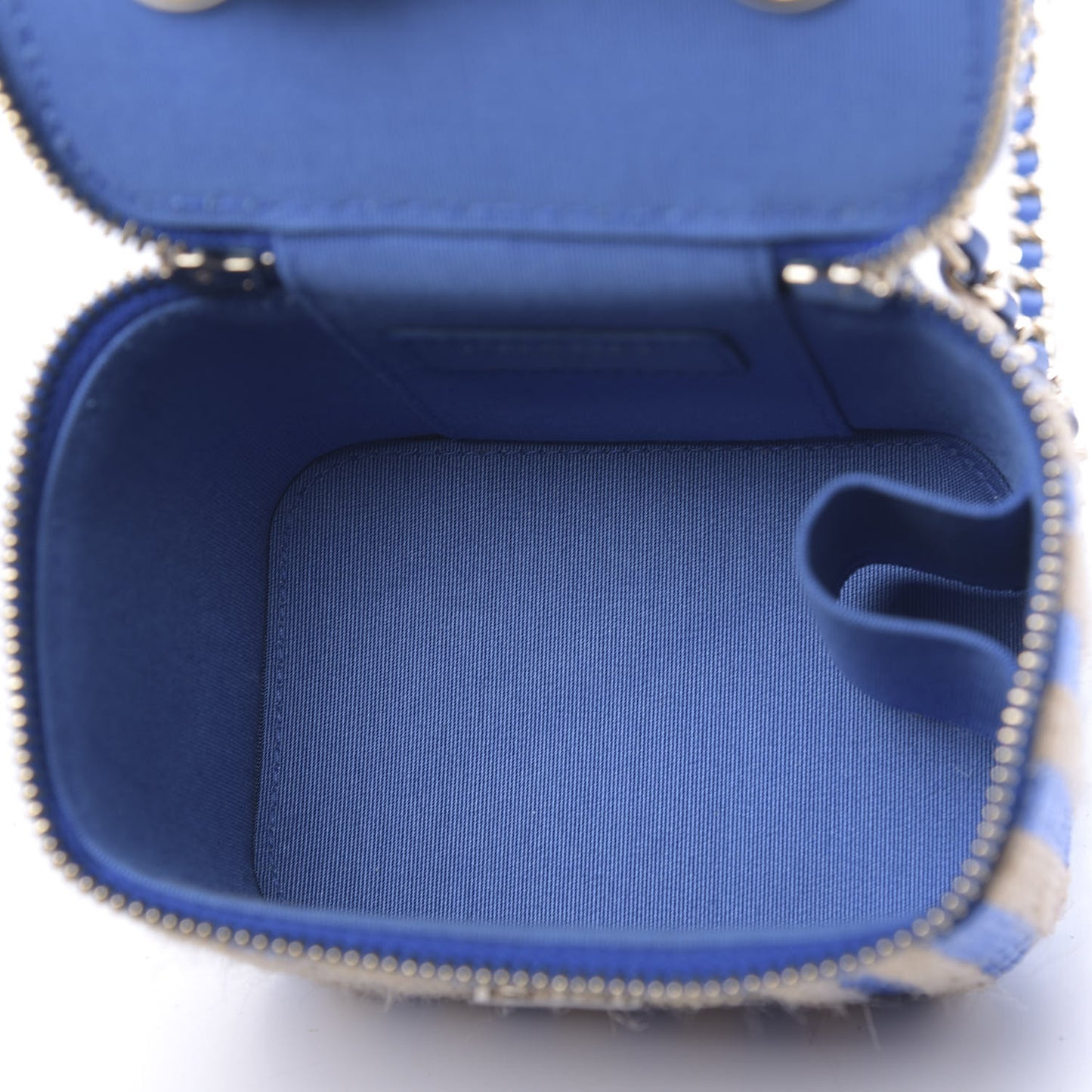 Raffia Jute Striped Mini Vanity Case With Chain Blue Beige