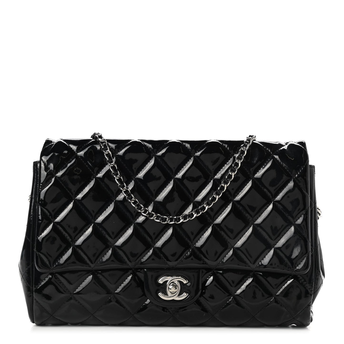 Patent Quilted Clutch with Chain Flap Black
