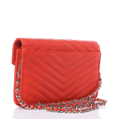 Chanel Caviar Chevron Quilted Statement Wallet On Chain WOC Red 3 of 11