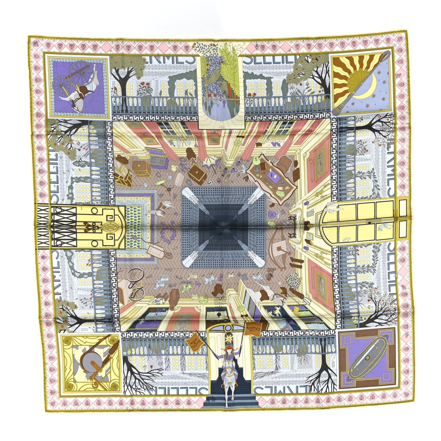 Silk Objets de Curiosite Scarf 90 Bleu Gris Jaune Soufre Rose