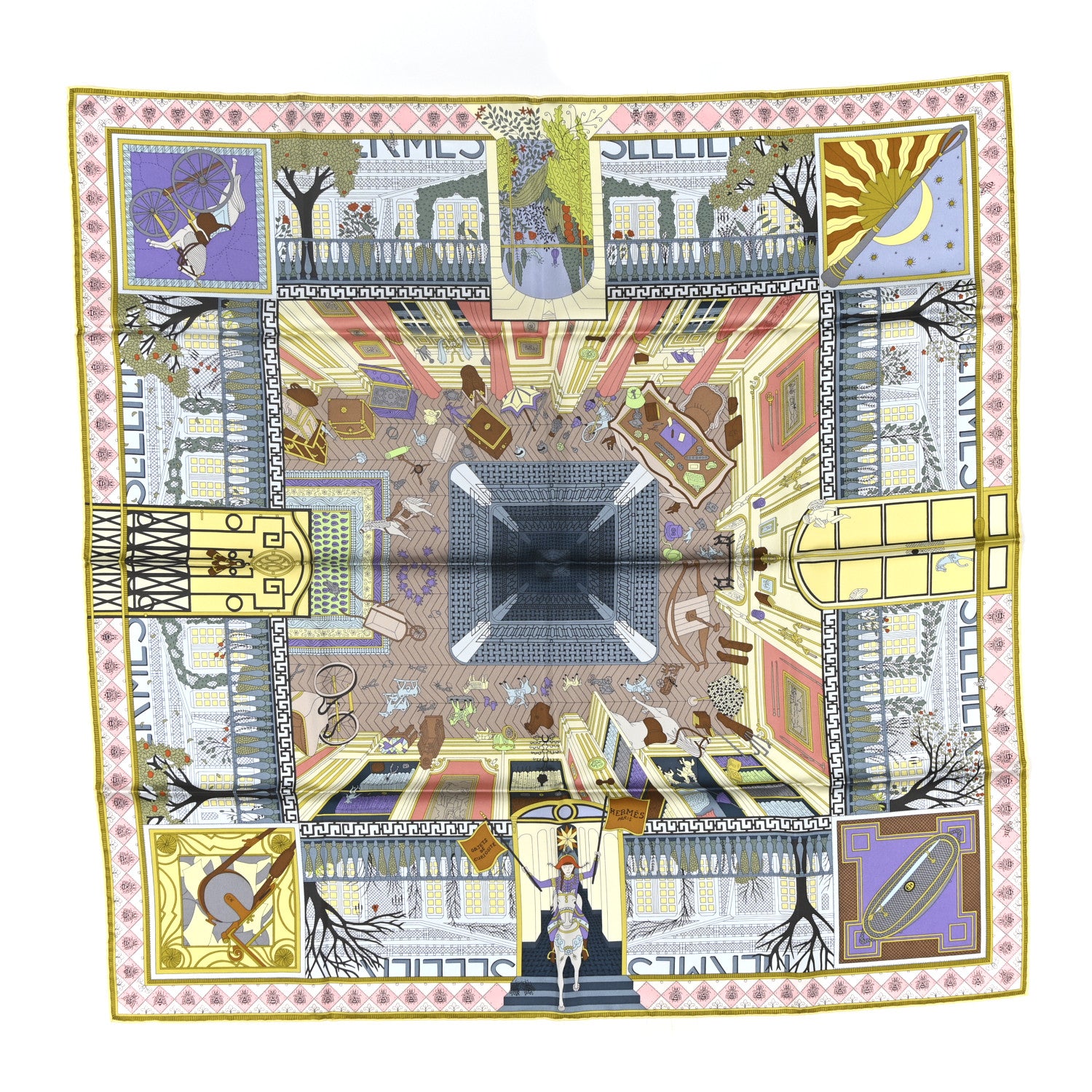 Hermes Silk Objets de Curiosite Scarf 90 Bleu Gris Jaune Soufre Rose 1 of 5